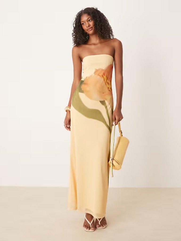 Asos Design Mesh Floral Placement Printed Bandeau Maxi Dress In Buttermilk